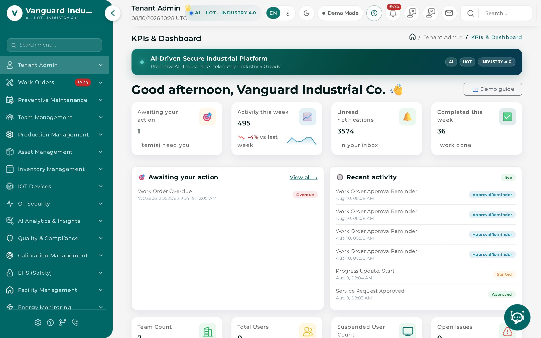 Uptario CMMS dashboard with maintenance KPIs, awaiting actions and live activity feed