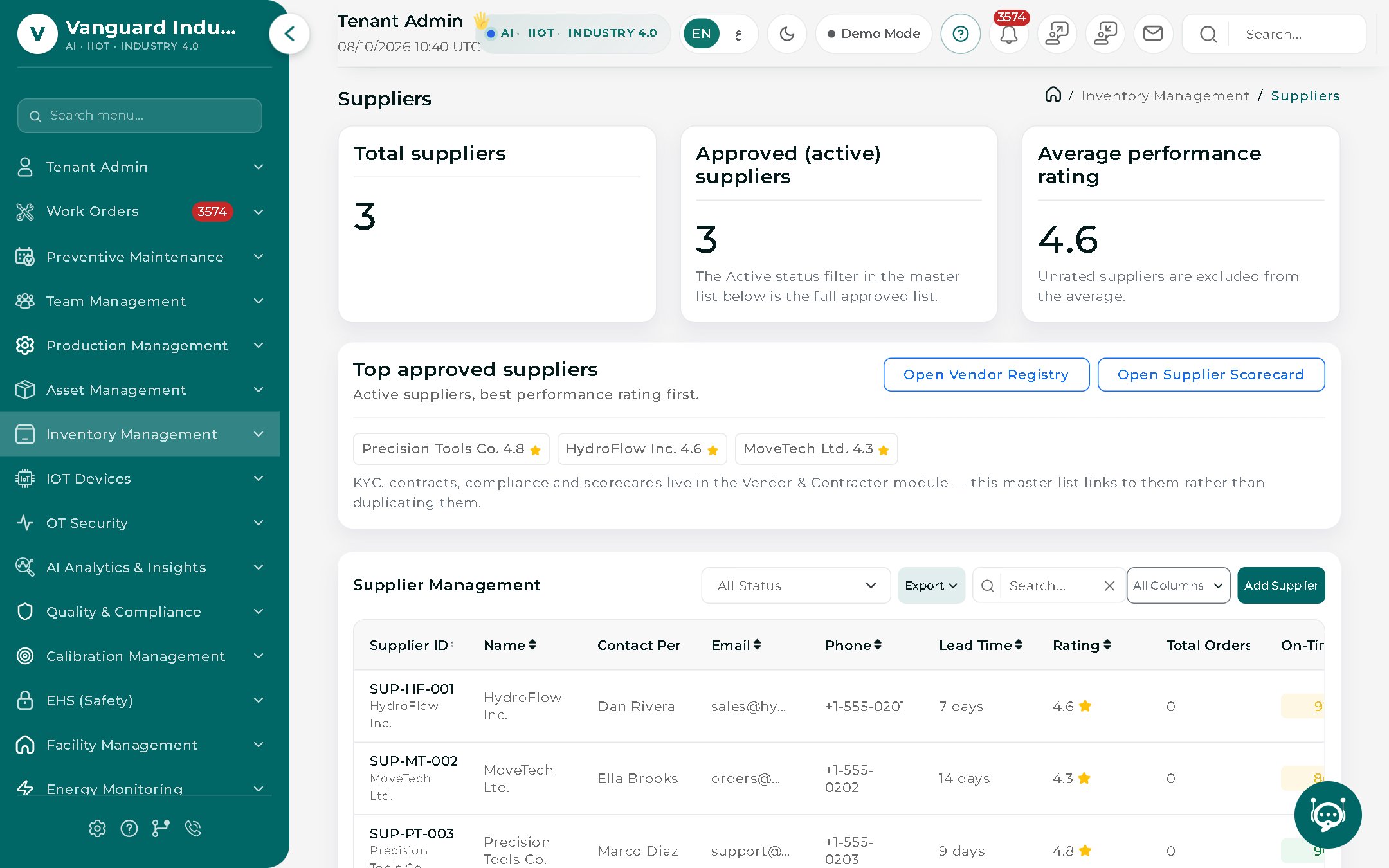 Supplier management screen with performance ratings, lead times and contact details