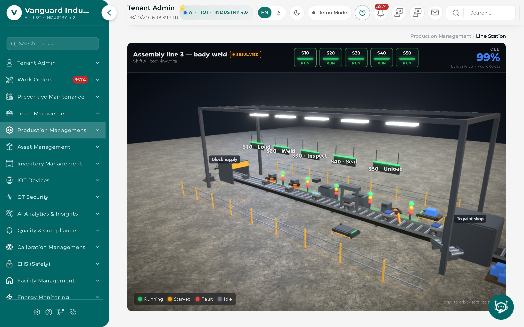 3D simulation of an assembly line with stations S10 to S50, live run states and an OEE overlay