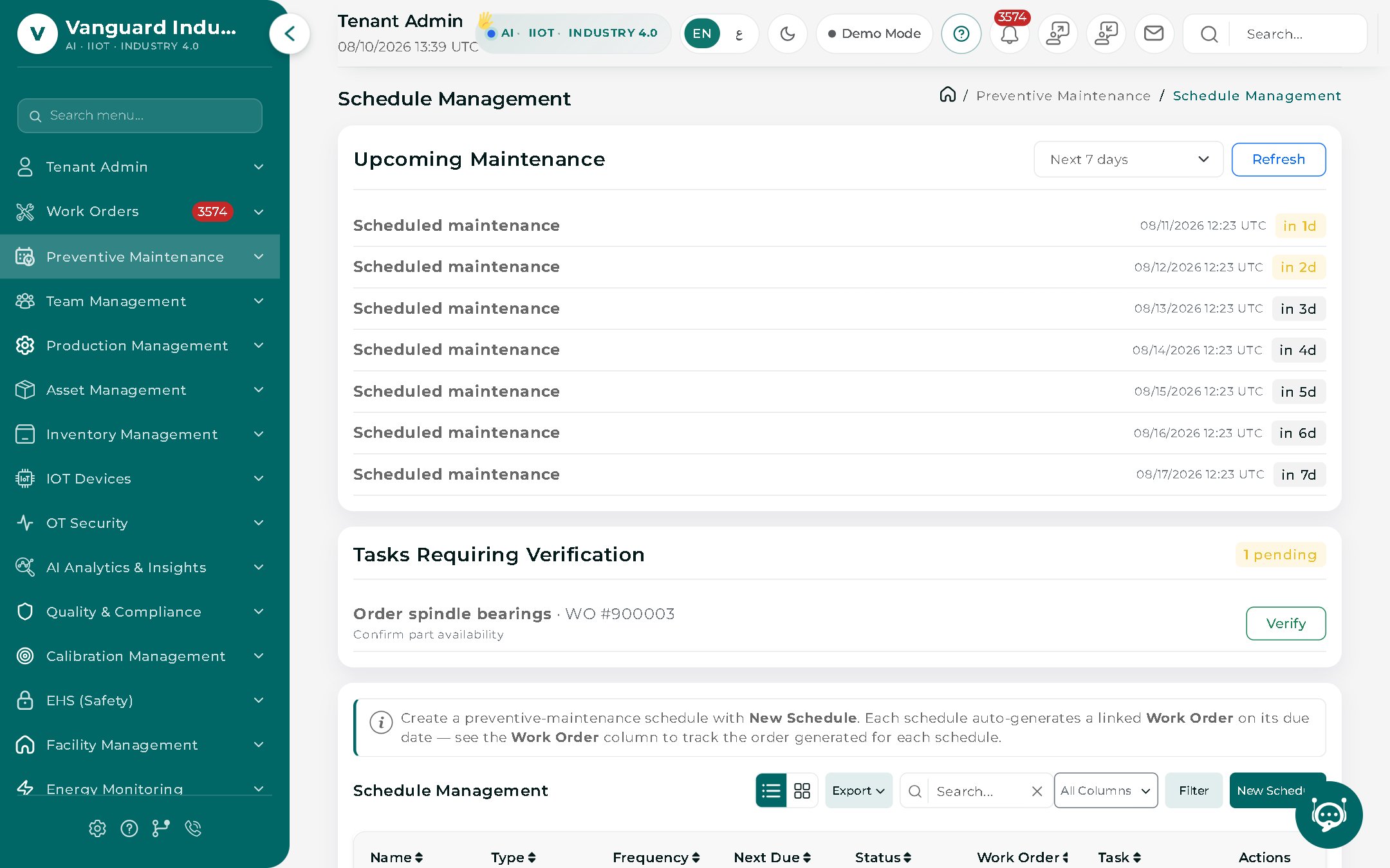Schedule management screen with a seven-day upcoming maintenance horizon and auto-generated work orders