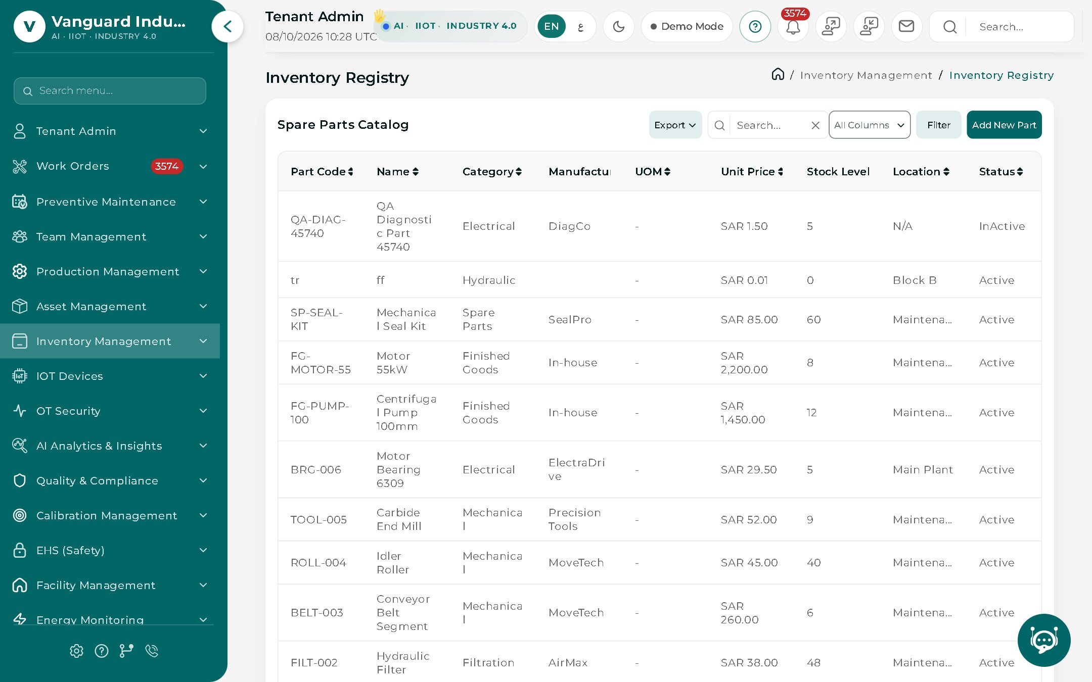 Spare parts catalog with part codes, categories, unit prices, stock levels and locations