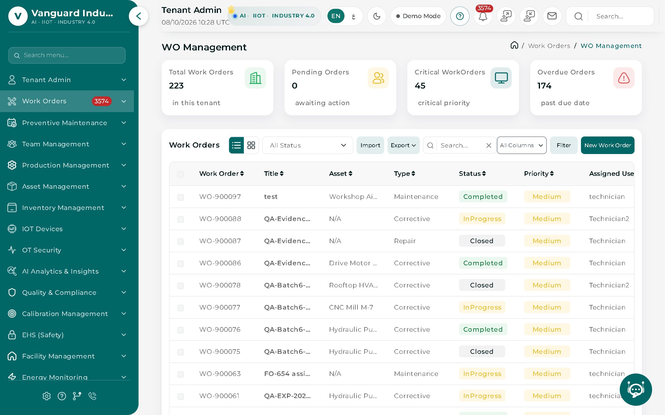 Work order management list with statuses, priorities, types and assigned technicians